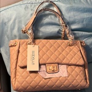 Tan Quilted Leather Satchel with Gold Hardware